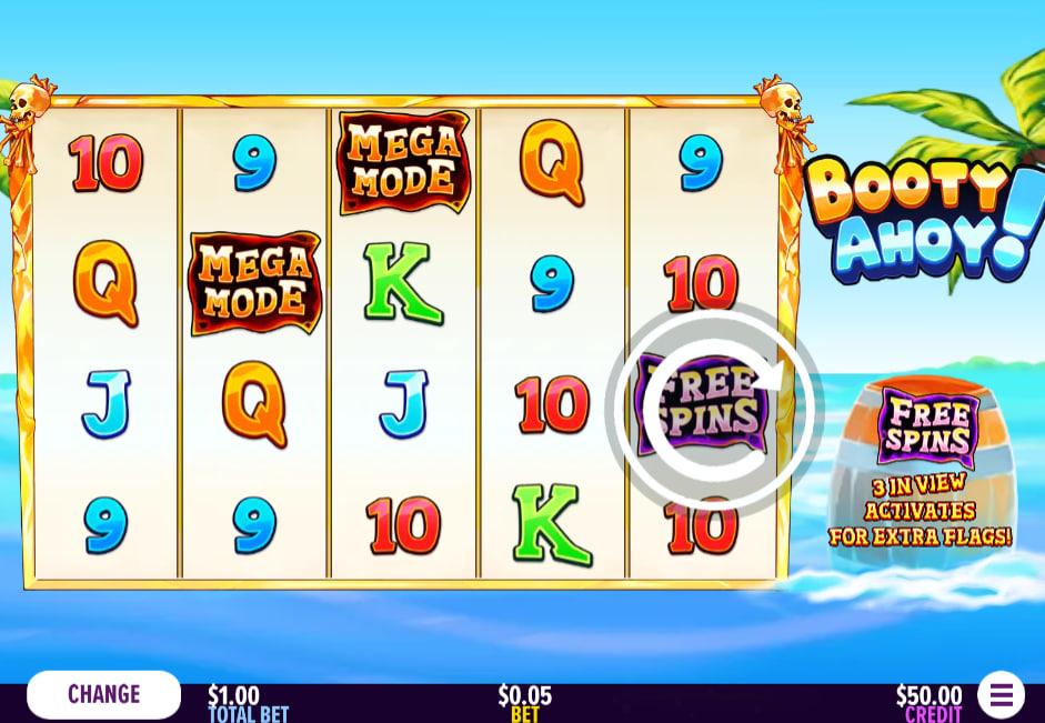Booty Ahoy base game grid displaying the layout, change bet button panel, and credit balance information for player bankroll management.