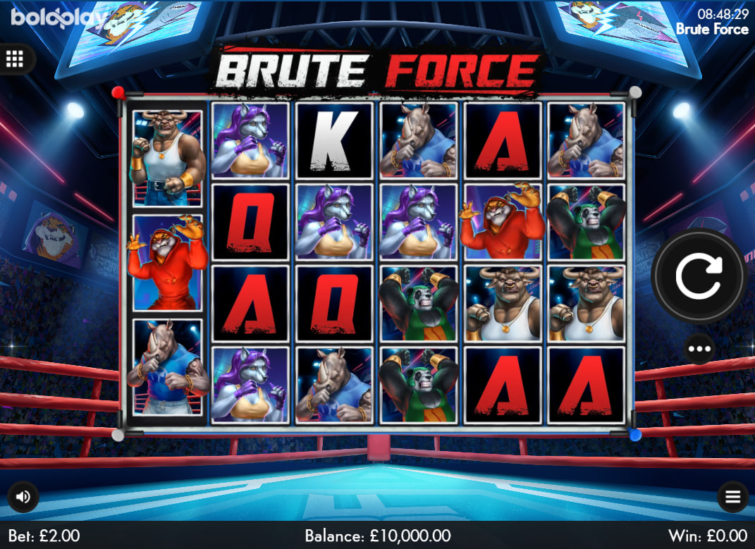 An asymmetrical 6-reel slot grid showcasing the unique 3x4x4x4x4x4 layout configuration during a standard base game spin.