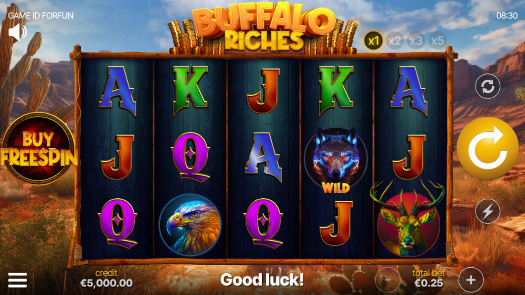Five reel grid of Buffalo Riches slot showing a wild wolf icon and animal symbols forming a winning connection in the canyon landscape.