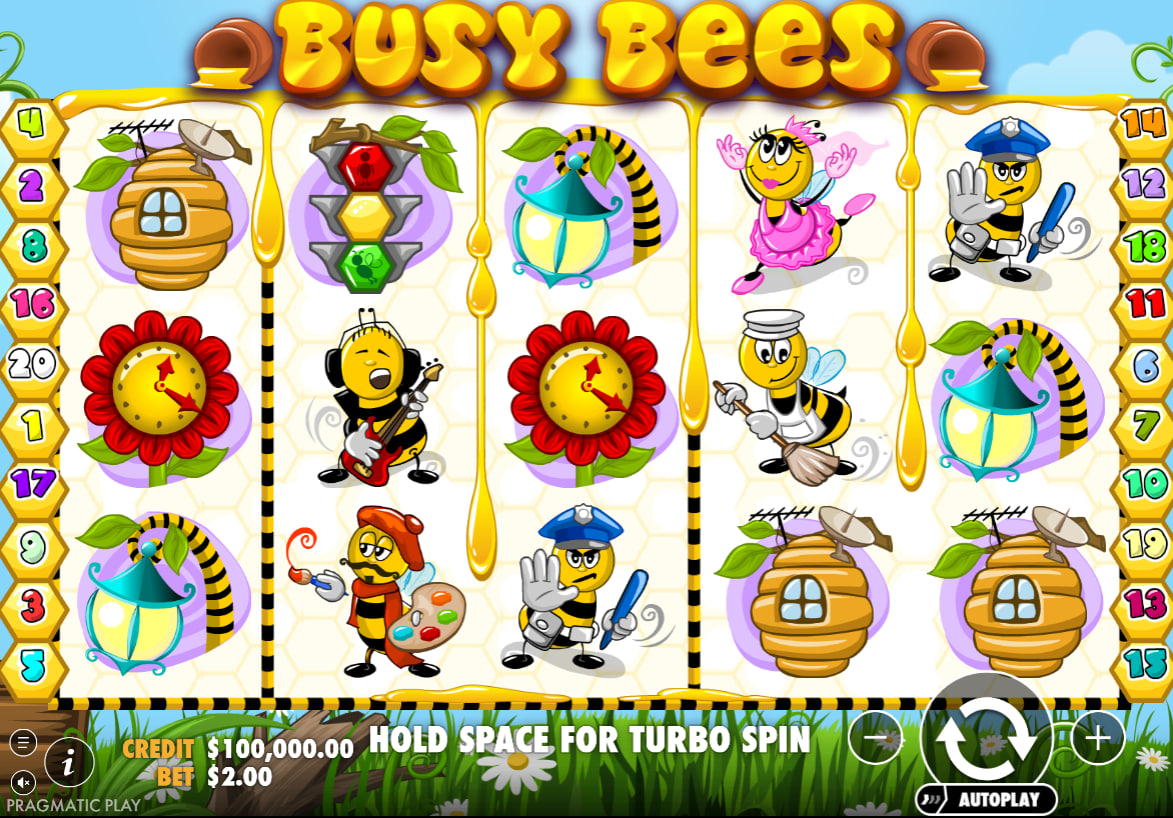 Busy Bees slot main reel layout showing cartoon bee characters and hive symbols during a standard base spin sequence.