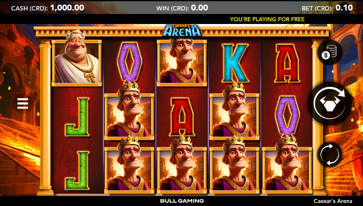 Caesar's Arena base game interface showing five reels filled with gladiator icons and lower card royals during a free play betting session