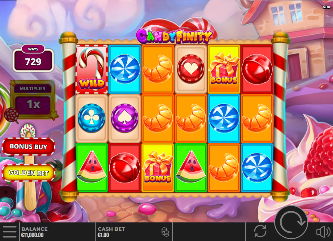 Candyfinity slot base game grid showing 6 reels and 729 winning ways to help players understand the starting layout configuration.