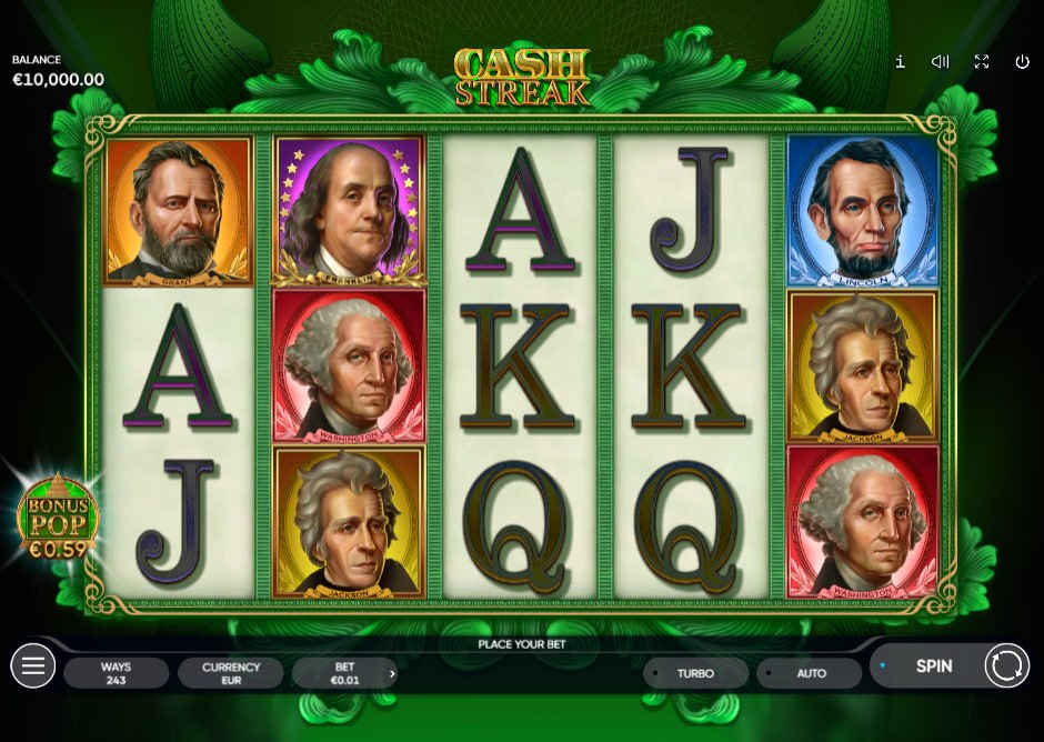 Historical portrait symbols and card values inside the Cash Streak slot paytable interface confirming exact multi-way payout structures.