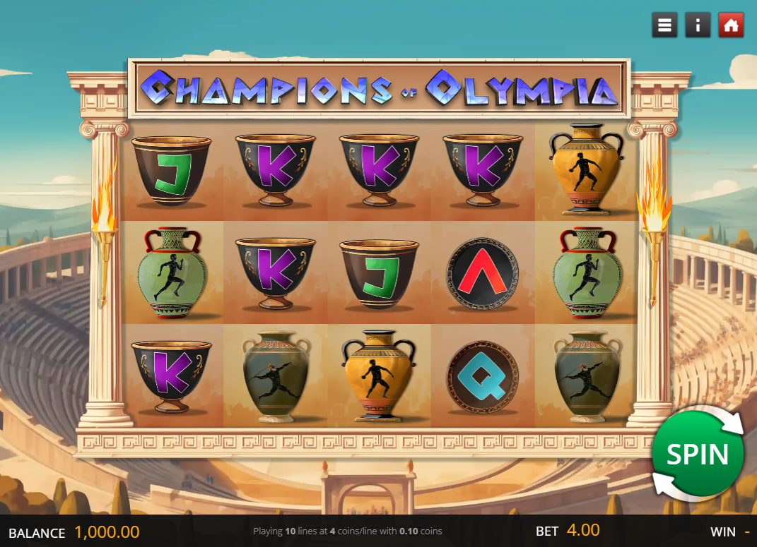 Ceramic vase symbols on the Champions of Olympia slot reels showcasing the Ancient Greek pottery art style and basic 5-reel layout.