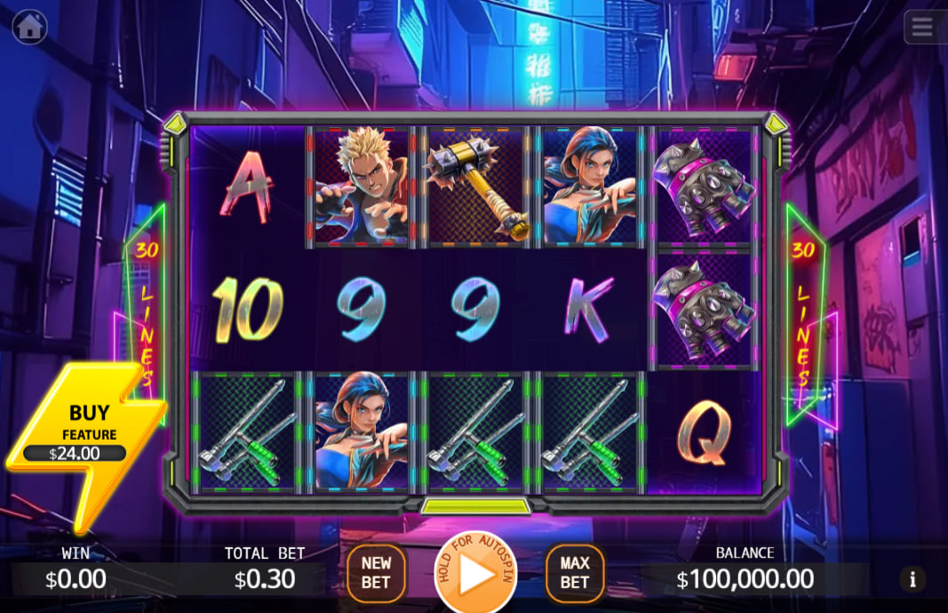 Chaos Combat Buy Feature slot interface with 5 reels and 30 paylines, showcasing high-paying fighter symbols in a cyberpunk setting.
