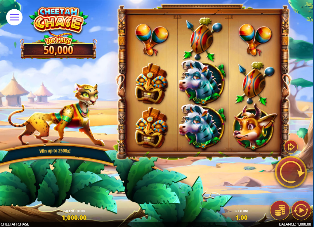 Cheetah Chase slot paytable showing high-paying Zebra and Gazelle symbols with their respective multipliers to inform players of win values.