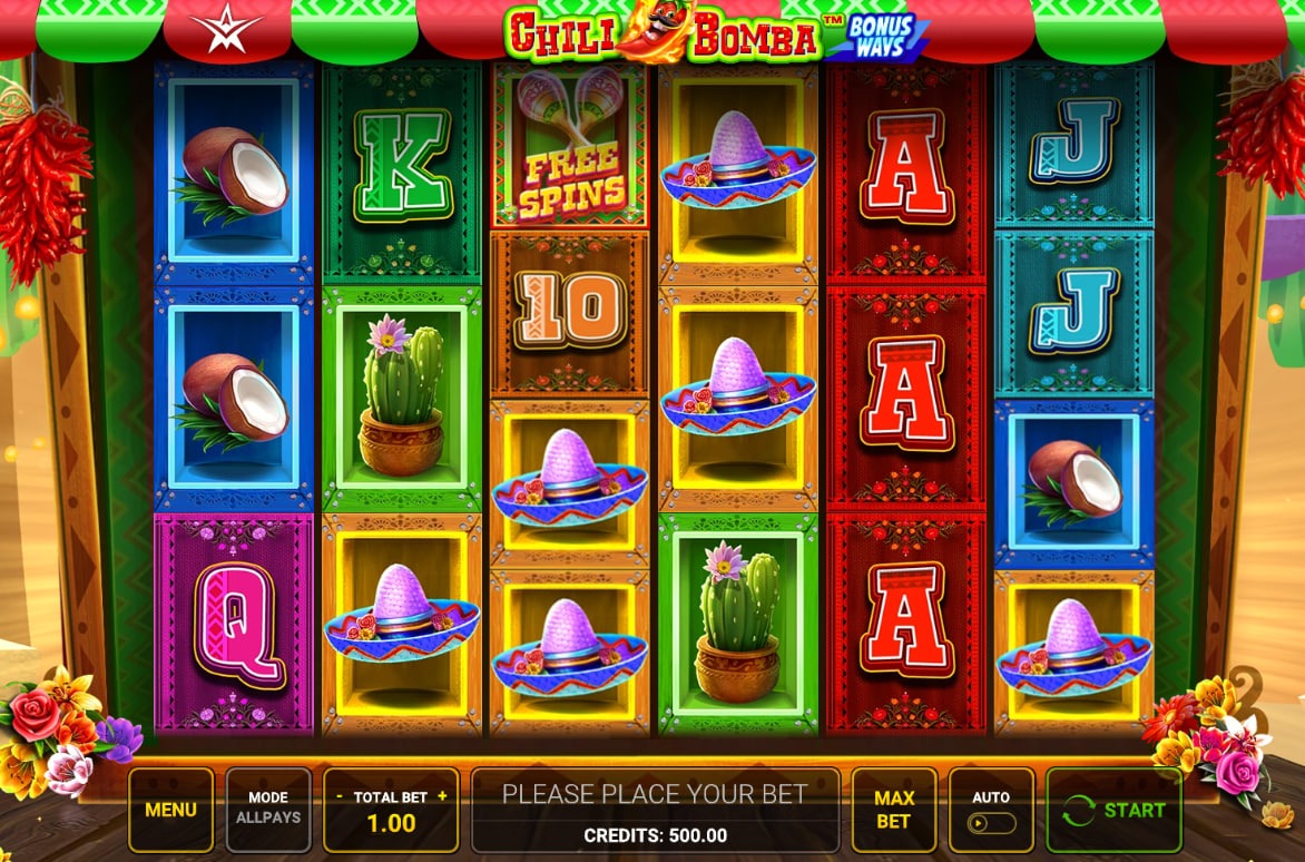 Main screen interface of Chili Bomba slot displaying the color-coded columns and control board buttons necessary for player betting sessions.