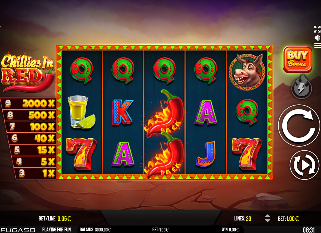 Main five-by-three reel grid of Chillies In Red slot featuring themed symbols and the primary multiplier paytable display to guide session tracking.
