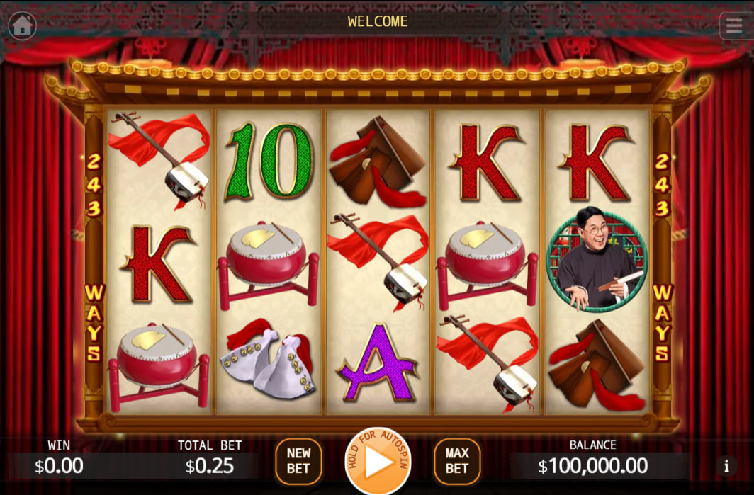 Chinese Quyi slot machine interface showing 5 reels with traditional performers and instruments to highlight the 243-ways mechanics.