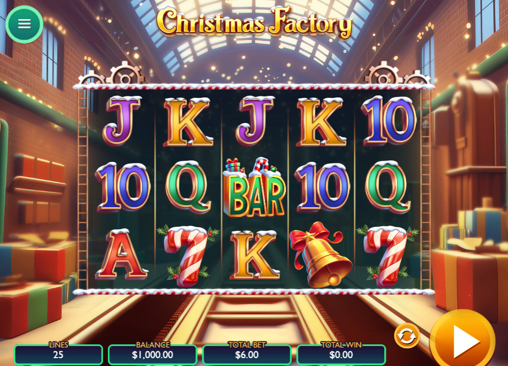 Christmas Factory slot main 5x3 grid featuring candy cane and bell symbols on an industrial workshop background for gameplay visualization.