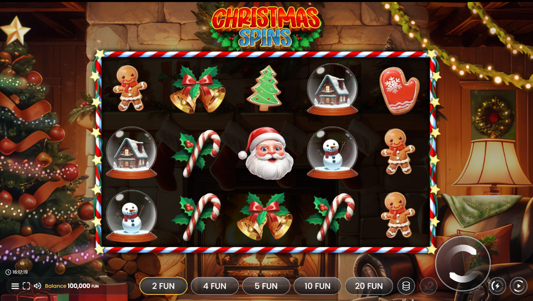 Main 5x3 reel grid of Christmas Spins slot during a standard base game round showcasing holiday symbols and player interface controls.