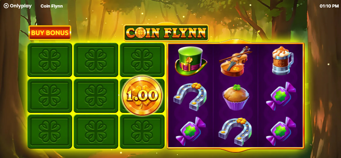 Dual 3x3 game grids in Coin Flynn slot displaying the separate cash collection field alongside standard spinning reels.