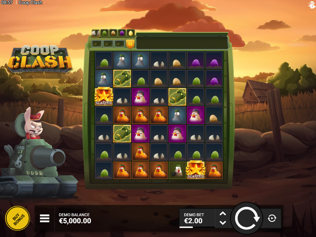 Main 7x7 cluster grid layout of Coop Clash slot during a standard spin sequence highlighting active chicken symbols and control panel buttons.