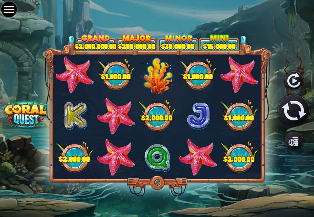 Main five-by-three slot grid of Coral Quest displaying marine symbols and active jackpot tiers to show the default layout configuration.