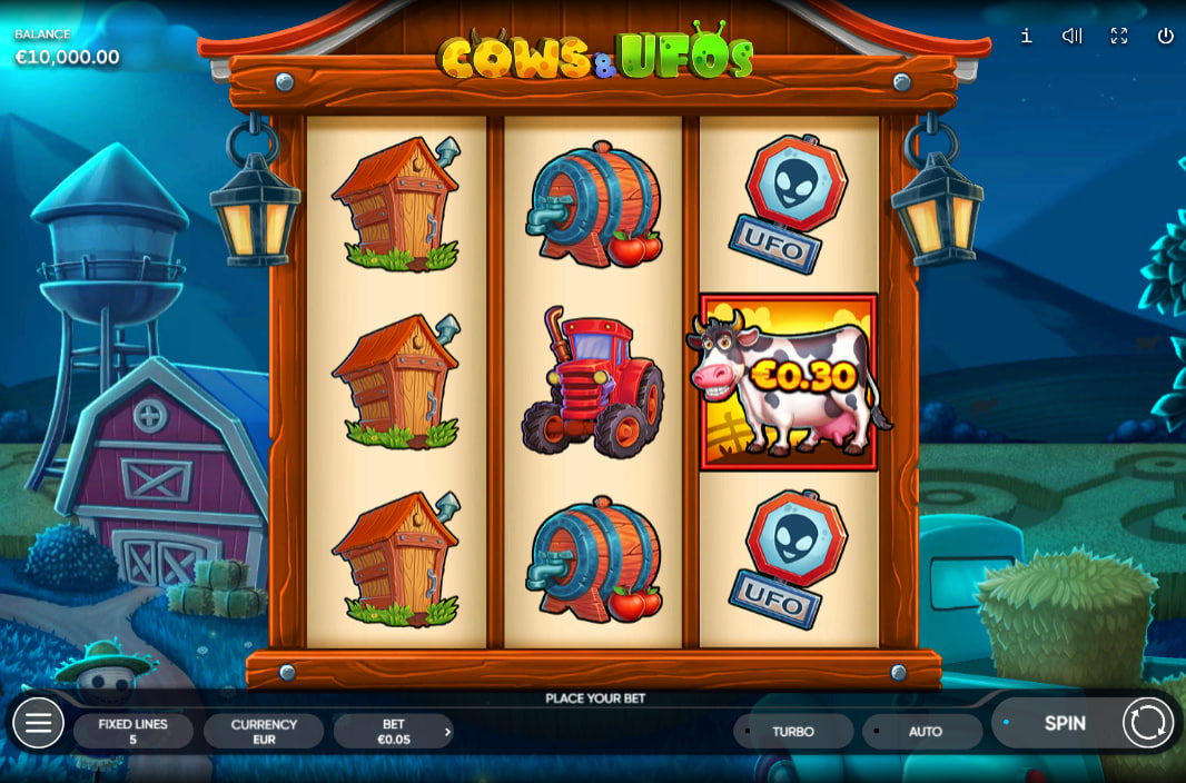 Cows and UFOs slot intro screen displaying the thirty-thousand-x maximum win potential and bonus game rules for player information.