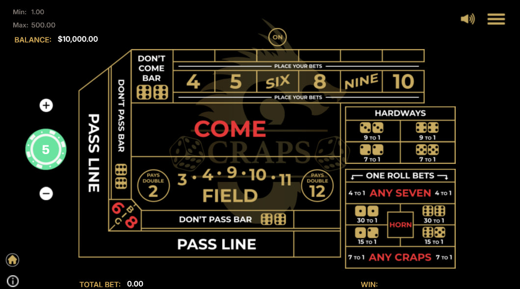 Main interface layout of Craps by Play'n GO showing the classic green felt betting grid to help players visualize available table fields.