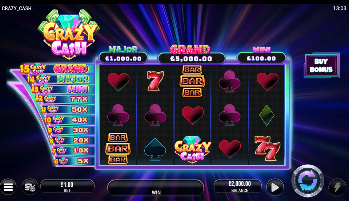 High-tier red seven symbols and jester wild rules displayed inside the crazy cash slot paytable interface for win value calculation.