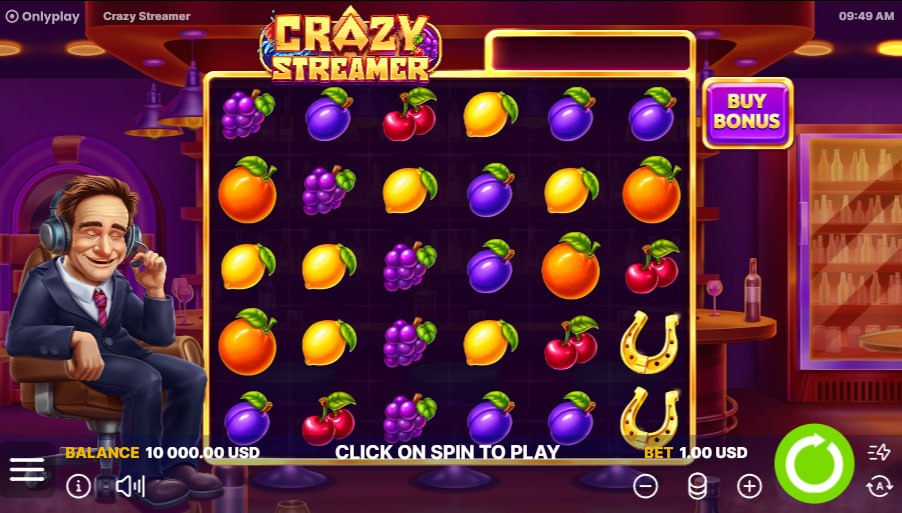 Crazy Streamer slot main interface displaying the 6x5 grid filled with colorful fruit symbols next to an animated broadcaster character monitoring wagers.