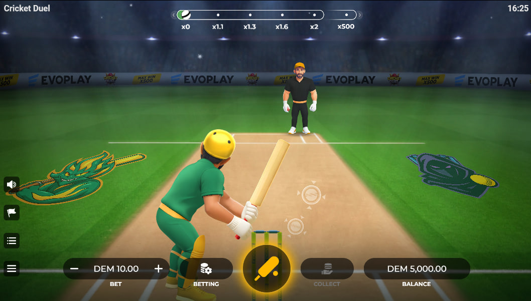 A professional cricket batter facing a bowler on a stadium pitch, illustrating the central duel mechanic of the Evoplay game.