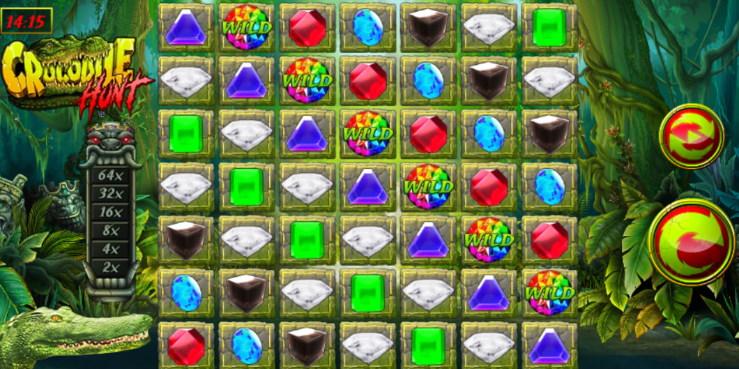 A 7x7 symbol grid in the Crocodile Hunt slot showing gem clusters and the sequential multiplier tower to help players track payout structures.