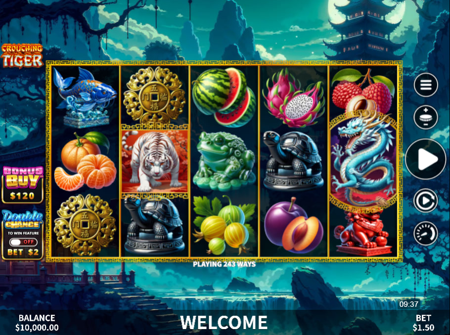 Crouching Tiger slot base game interface showing the 5x3 grid with gold statues and low-value fruit symbols to track base game setups.