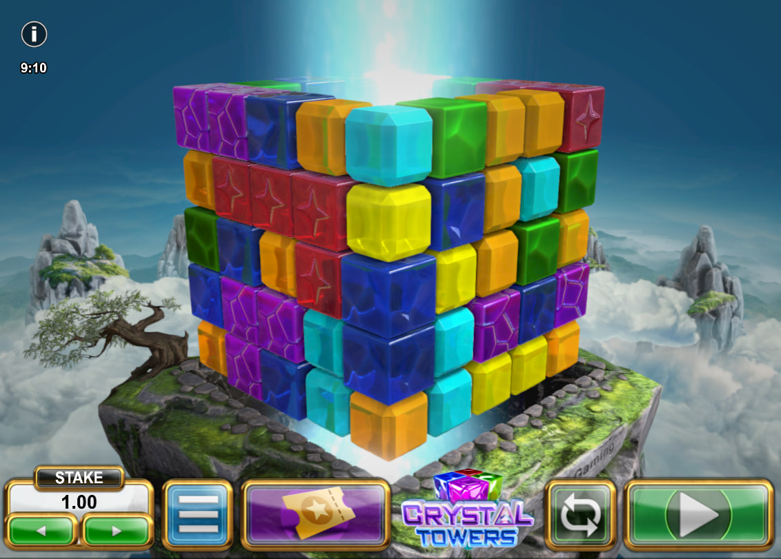 Base game configuration of Crystal Towers slot showcasing the initial eighty symbol layouts across five vertical tiers for matching clusters.