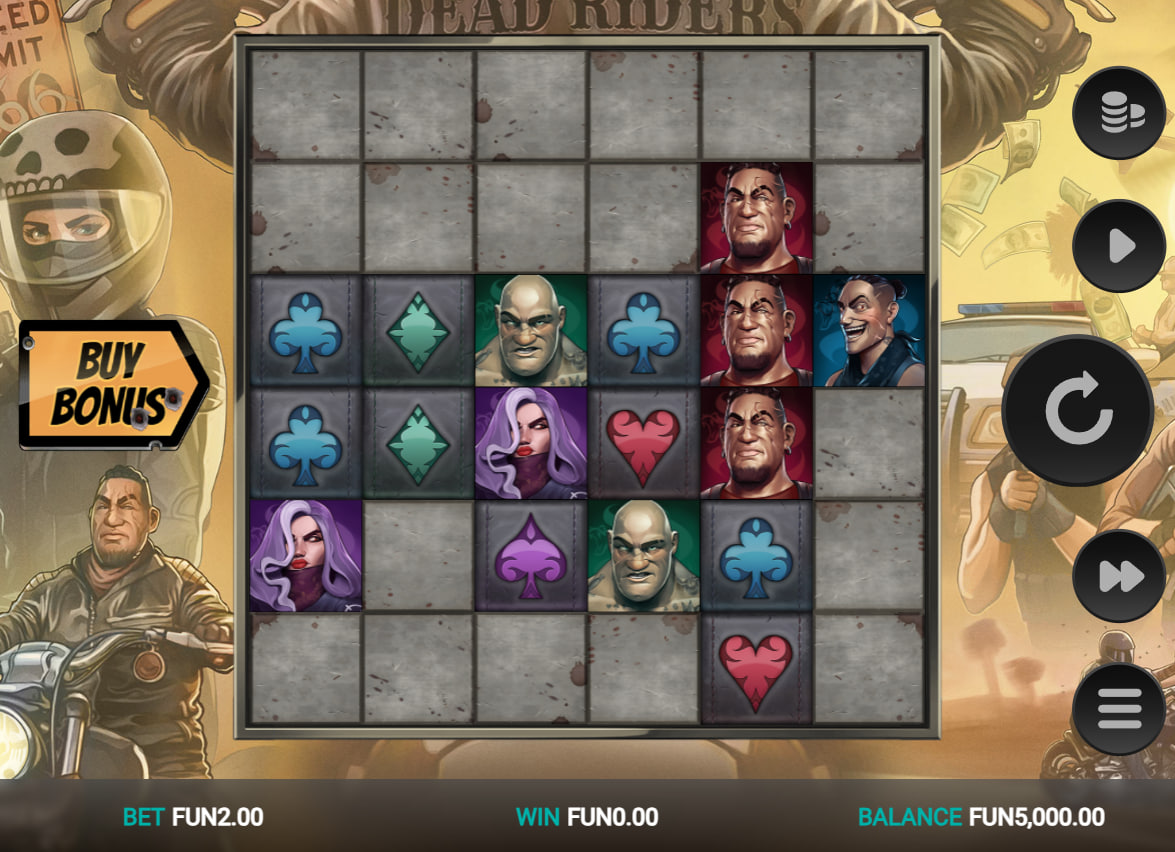 Full 6x6 grid layout of Dead Riders Trail slot showing grey stone blocks obstructing the active pay paths before a game round begins.
