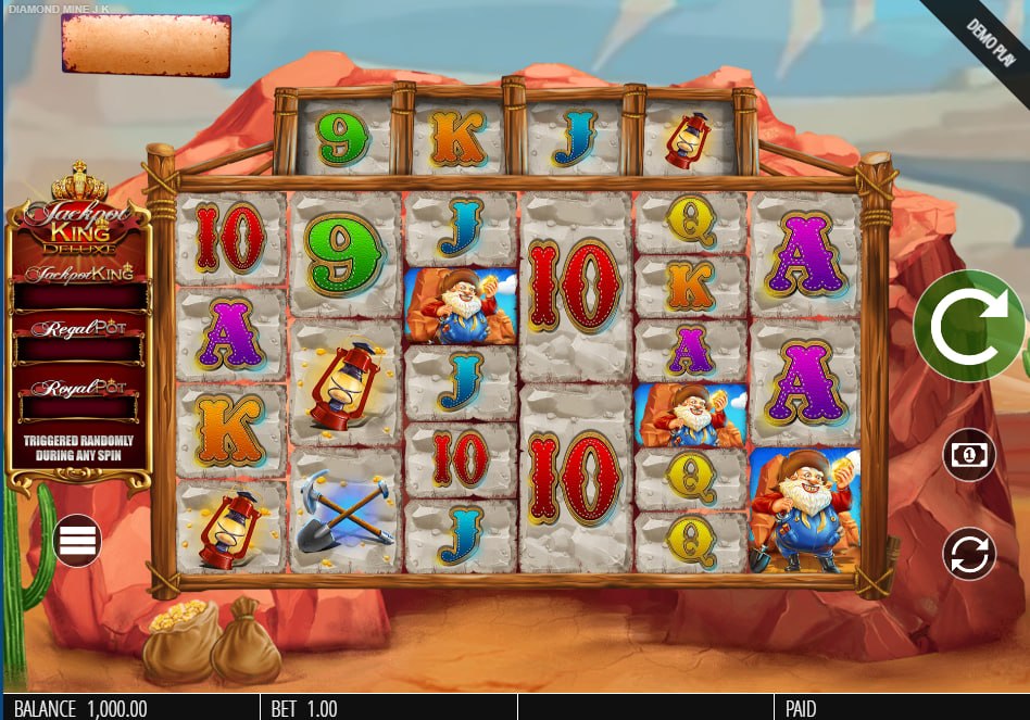 Diamond Mine Megaways Jackpot King slot base game reel interface showing the six-reel structure and the horizontal symbol tracker for slot players.