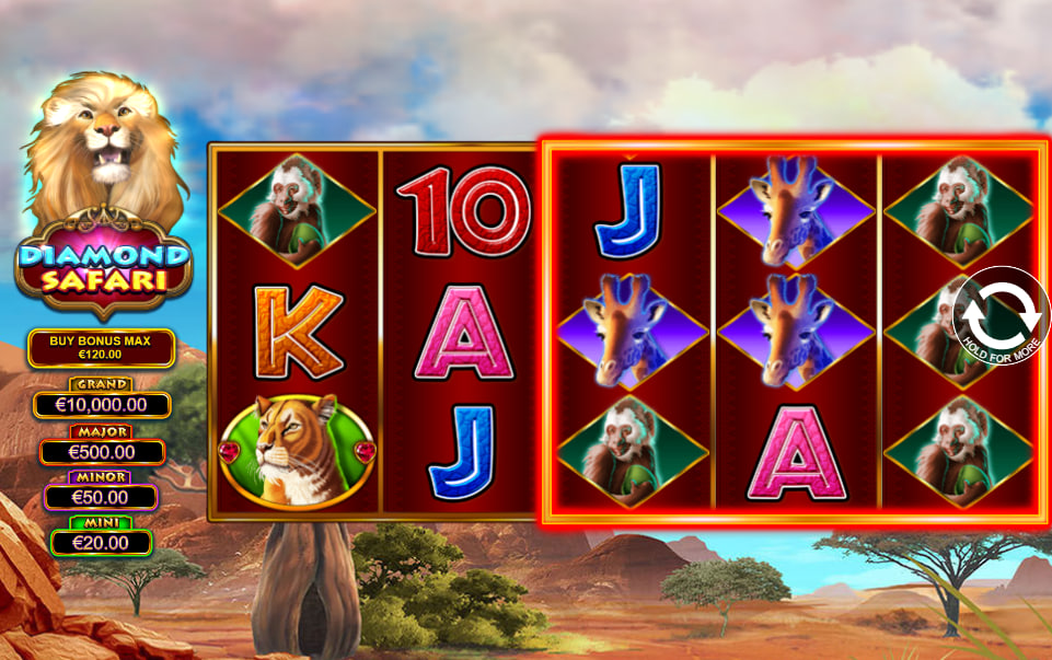 Diamond Safari baseline slot interface displaying five reels with premium animal symbols and fixed jackpot values on the left side panel.