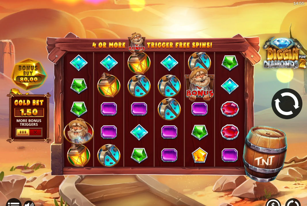 Diggin for Diamonds 2 slot grid showing gemstone symbols and the miner character in a desert setting during the base game.