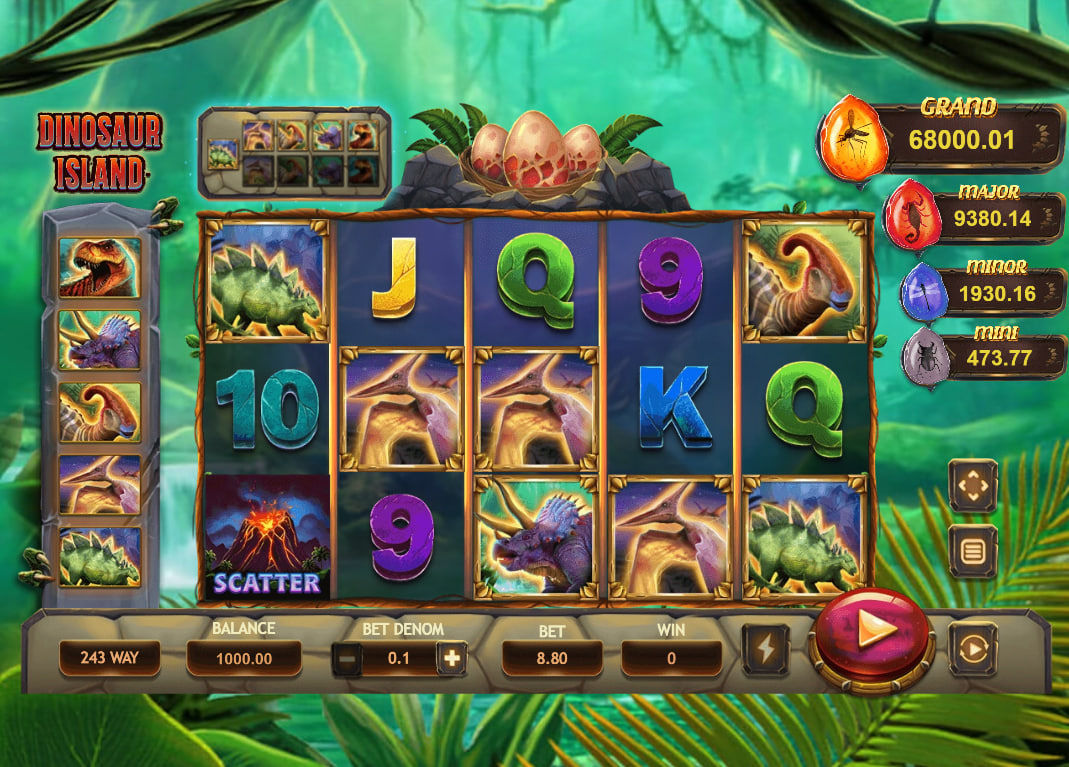 Dinosaur Island slot main reel interface featuring progressive jackpot meters and prehistoric creature symbols on a five-reel grid.