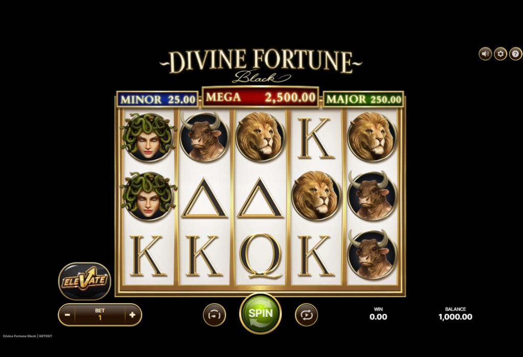 Divine Fortune Black base game UI showing the 5x3 grid, Minor, Major, and Mega jackpot trackers, and the Elevate button for advanced betting.