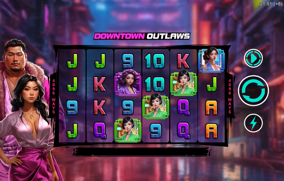 Downtown Outlaws slot base game grid with neon character icons showing the 4096 ways layout for identifying win paths.