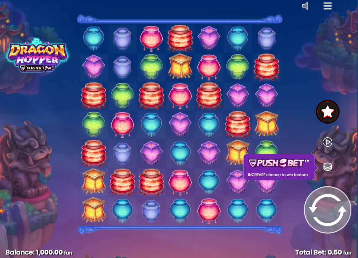 Full 7x7 grid layout of Dragon Hopper slot displaying colorful lantern symbols before a cascade sequence starts.
