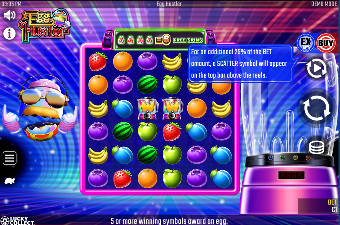 Strawberry cluster win in Egg Hustler slot base game on a 6x6 grid highlighting the cascading mechanics for the player.