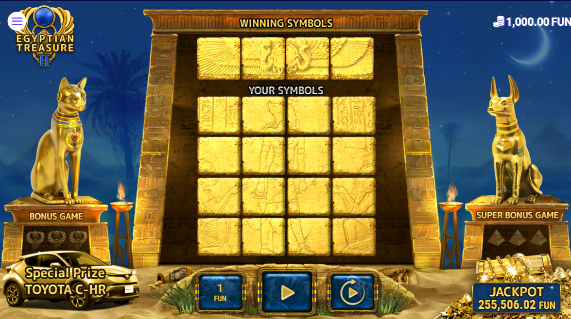 Egyptian Treasure II main matching interface featuring a sixteen tile grid alongside golden Anubis and Bastet statues for player reference.
