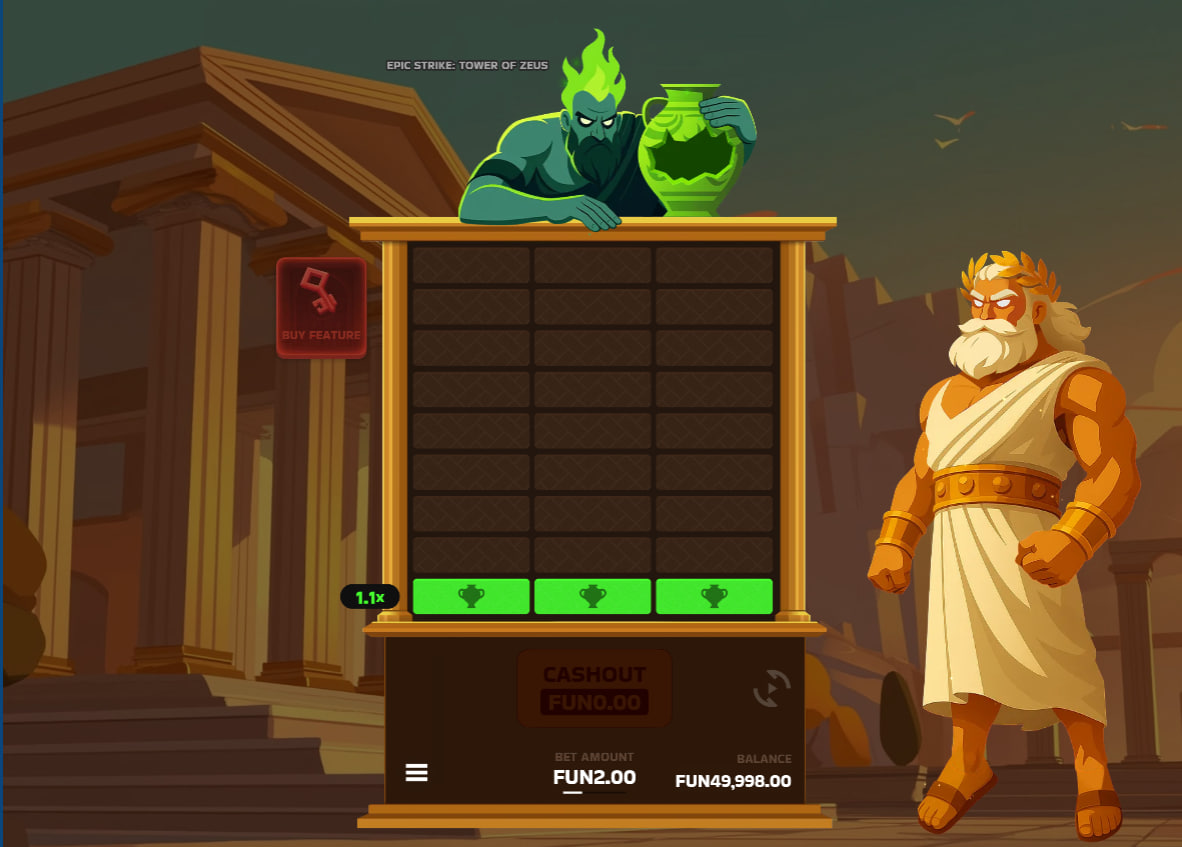 Main screen of Epic Strike Tower of Zeus slot showing the initial floor layout to help players understand the vertical user interface design.