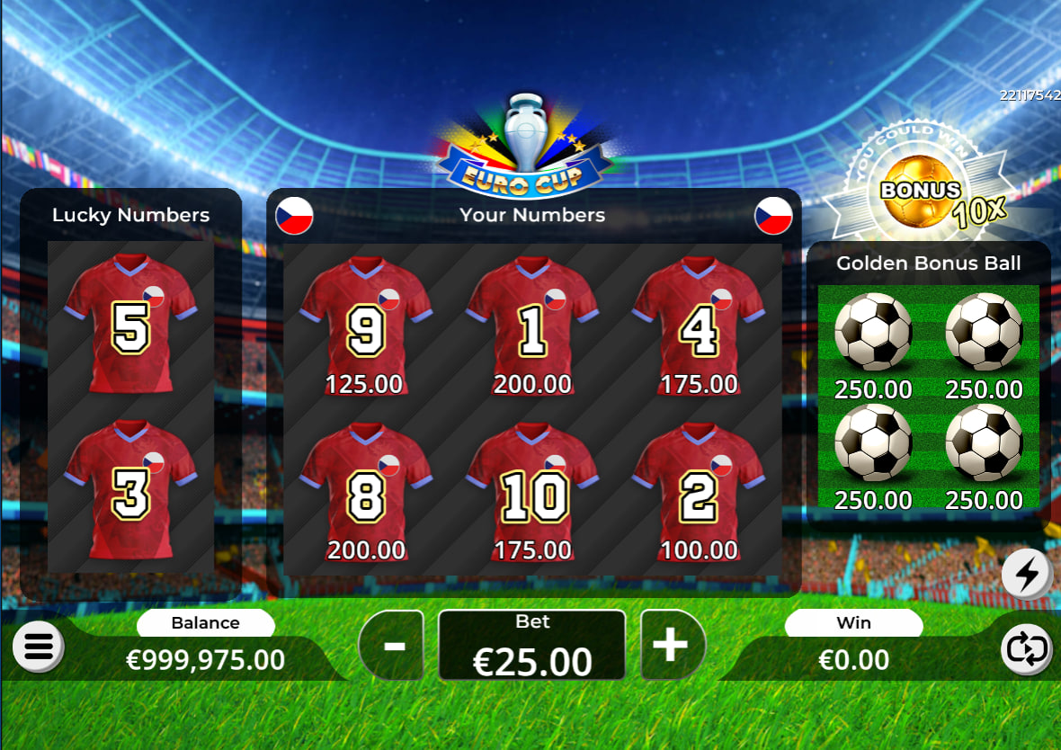 Full view of Euro Cup slot 5x3 reel set with football symbols showing the fixed 20-line grid layout for player orientation.