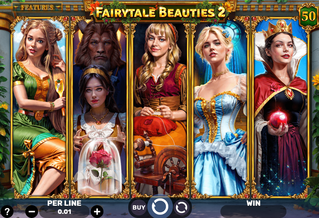 Five fairytale characters on the Fairytale Beauties 2 slot reels showing the 50-line grid and character art importance for players.