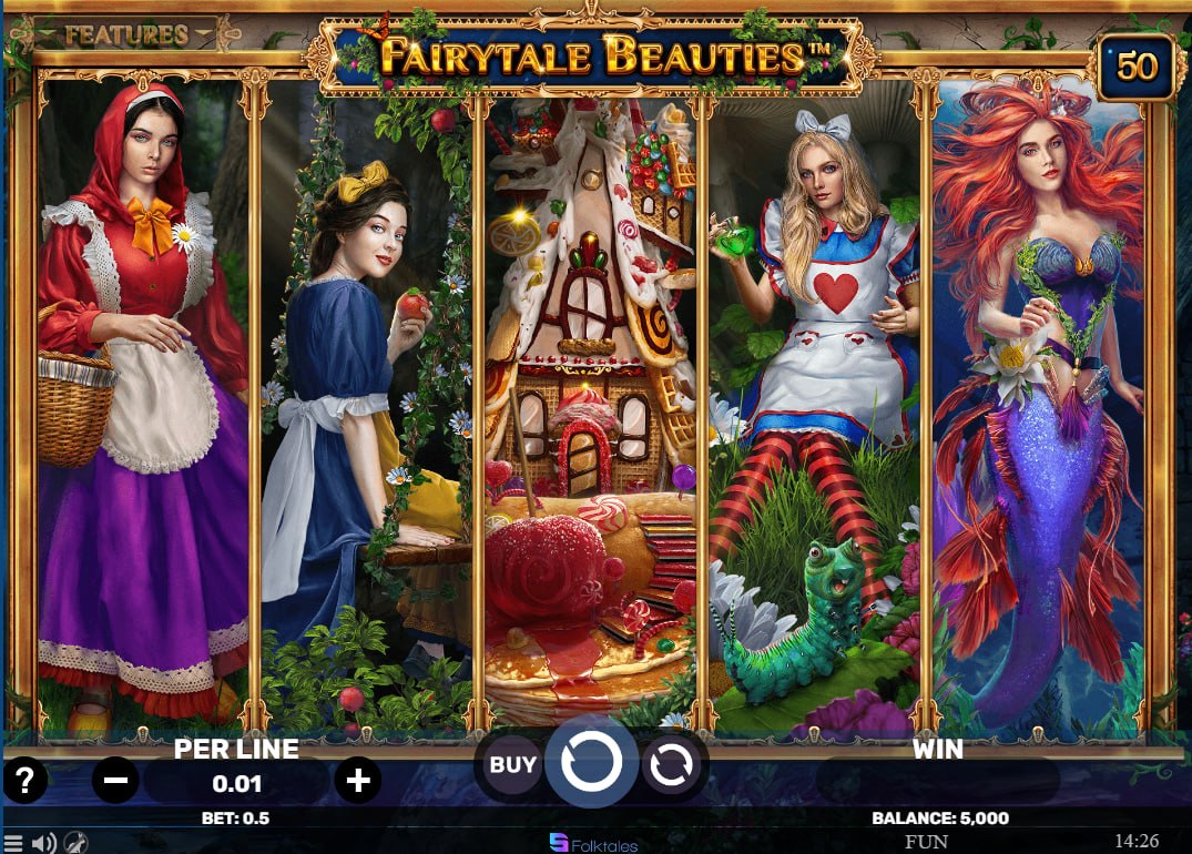 Main five reel layout of Fairytale Beauties slot displaying premium character symbols across fifty paylines to show base game prize potential.