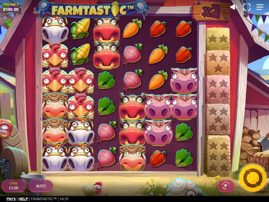 Farmtastic slot base game grid showcasing animal symbols and the hay bale progress meter to illustrate the main cluster paying layout for players.