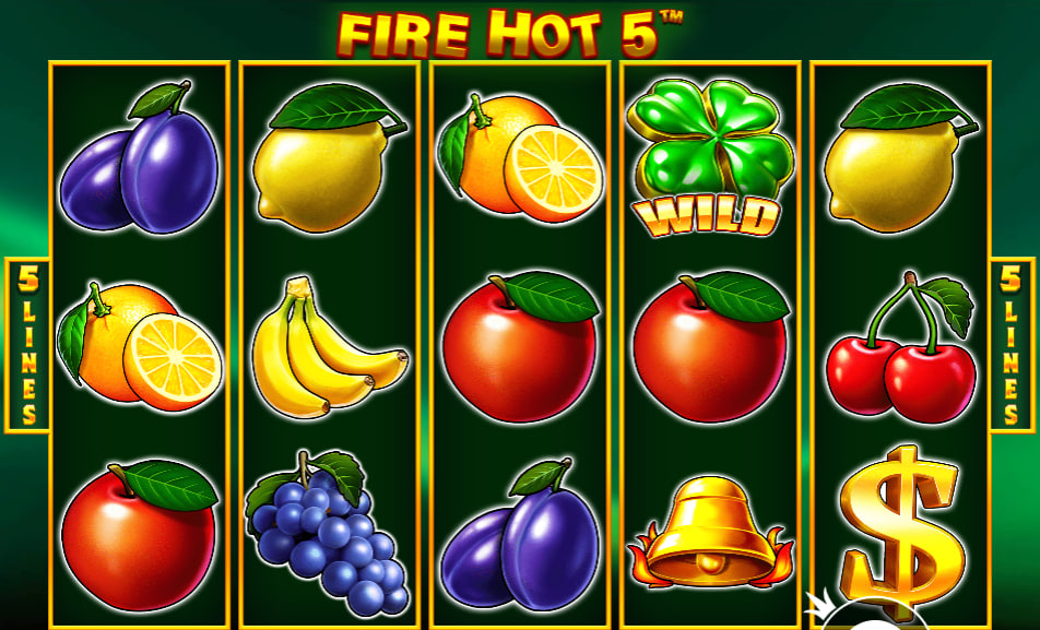 Main gameplay screen of Fire Hot 5 slot machine showing various fruit symbols aligned on a five-by-three reel matrix to help players track standard winning paths.