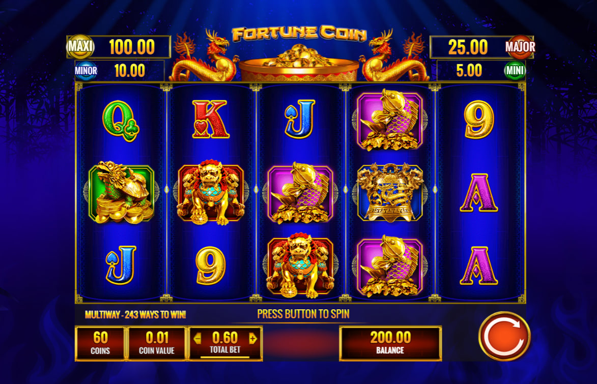 Fortune Coin slot interface displaying Mini Minor Major and Maxi fixed jackpot values on the top panel for player session tracking.