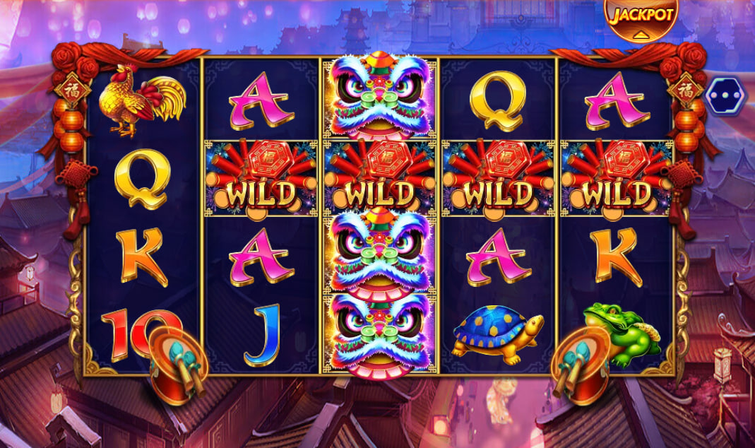 Gold Rooster and firecracker Wild symbols on the 5x3 reels of Fortune Dance slot illustrating the primary winning combinations for players.