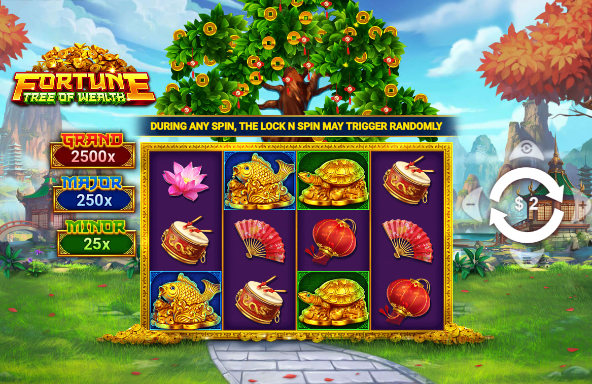 Main 4x3 reel grid of Fortune Tree of Wealth slot in the base game showing winning symbols under a golden tree to guide session bankroll tracking.