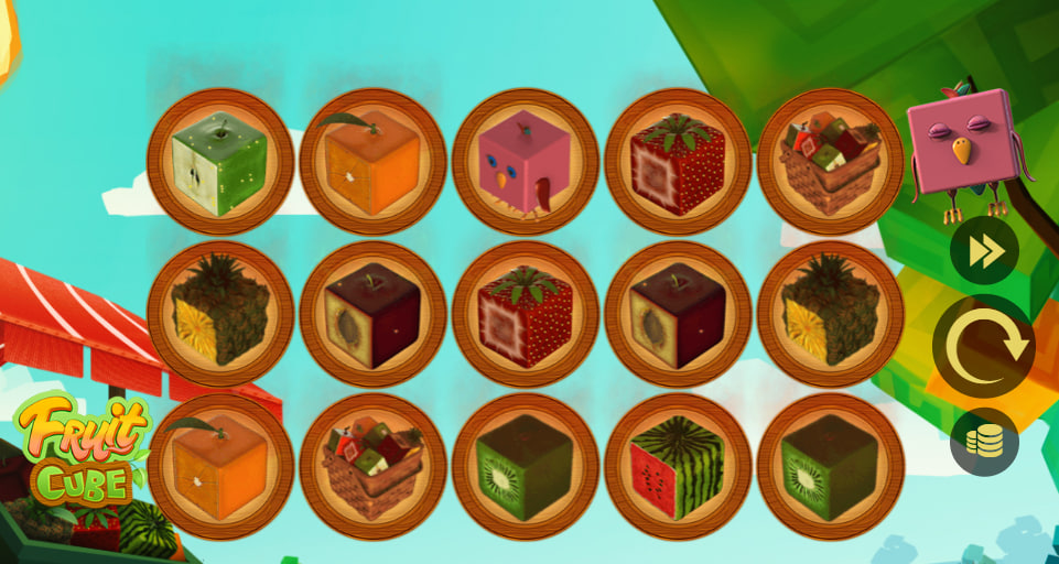 Full 5x3 game grid of Fruit Cube slot showing 3D isometric fruit blocks on the reels to help players understand the visual style.