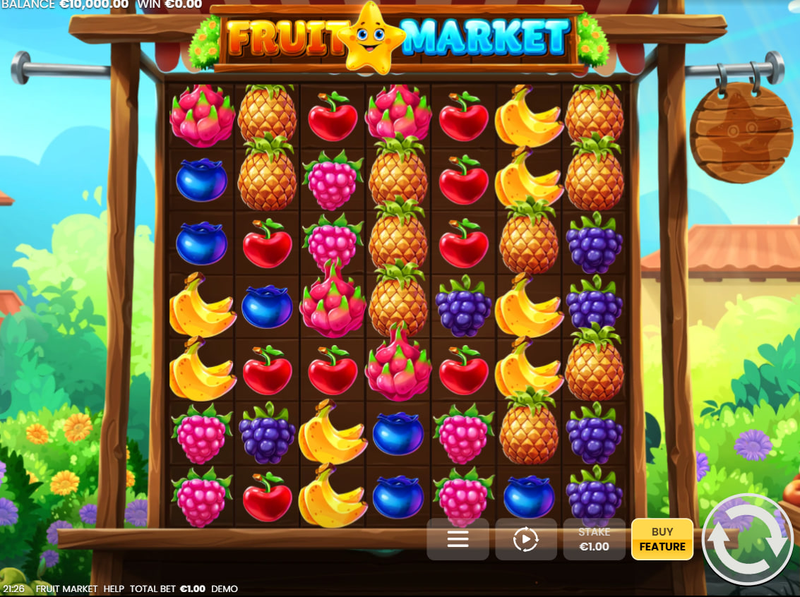 A 7x7 grid in Fruit Market slot showing a large cluster of red Apple symbols highlighted during a win to demonstrate the Cluster Pays mechanic.