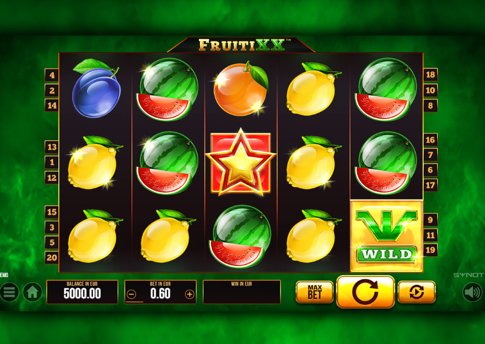 FruitiXX slot main grid displaying lucky sevens and cherry symbols during a base game round to show symbol designs.