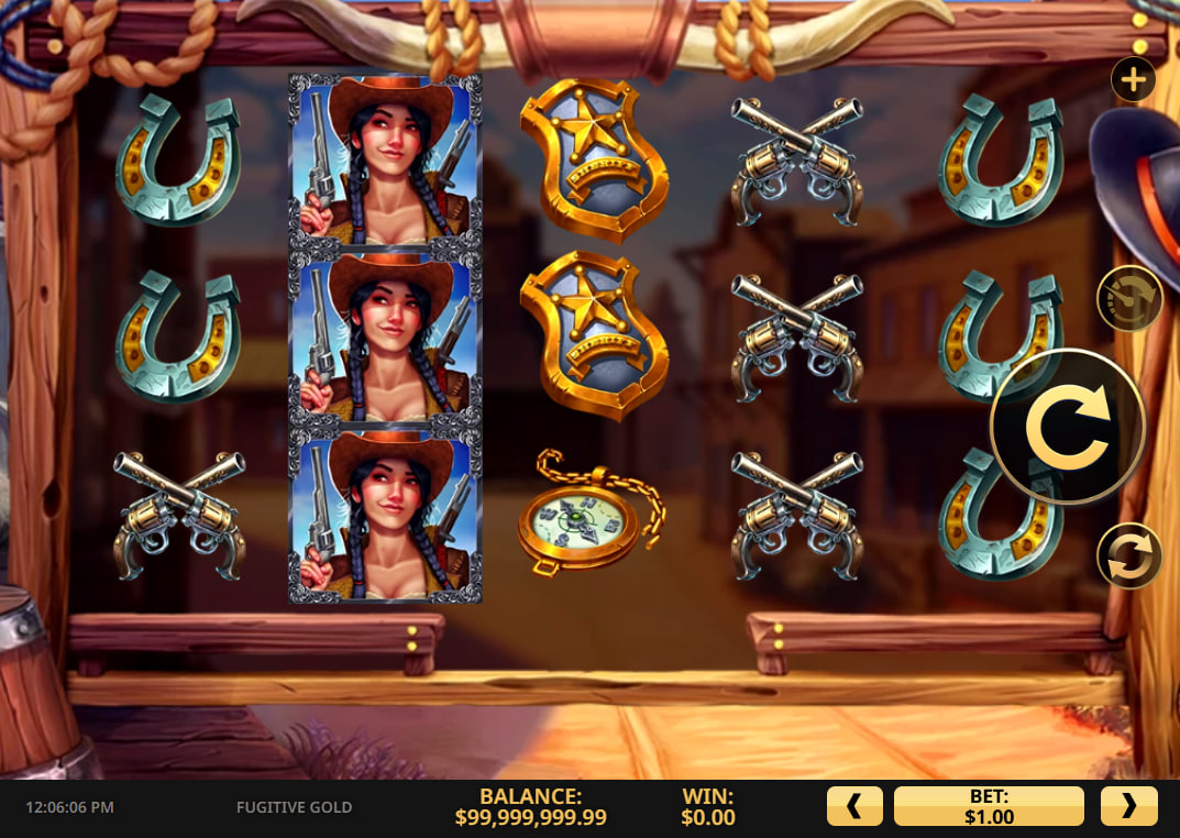 High 5 Games Fugitive Gold slot base game showing a win with Sheriff symbols on a 5x3 grid for player profit.