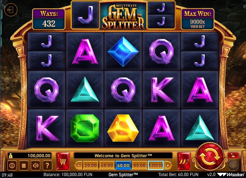 Purple gem symbols splitting into multiple icons on the reels of Gem Splitter slot to showcase how active ways to win expand past 243.